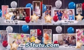 ae模板-彩色气球绳子垂挂照片动画儿童生日派对视频相册