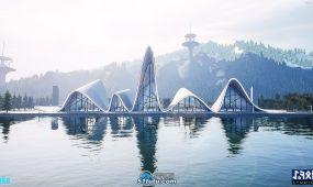 未来派湖泊现代城市环境场景ue游戏素材
